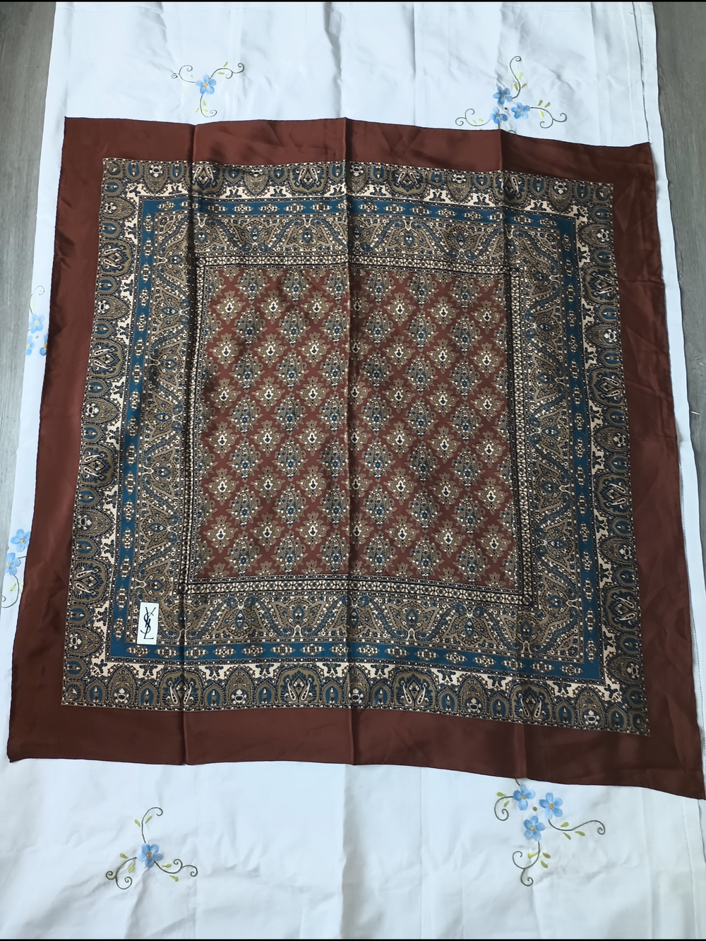 Yves Saint Laurent Brown & Blue Square 100% Silk Scarf - Picture 3 of 7